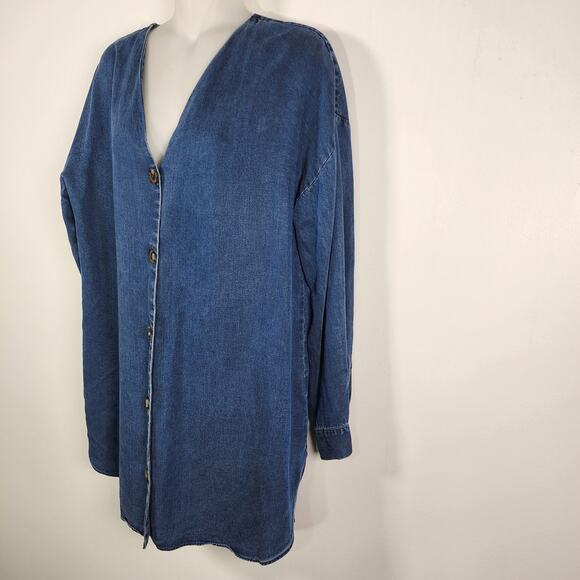 Soft Surroundings Womens Wendy Button Tunic Shirt Blue Chambray Denim V Neck Med - Picture 6 of 12